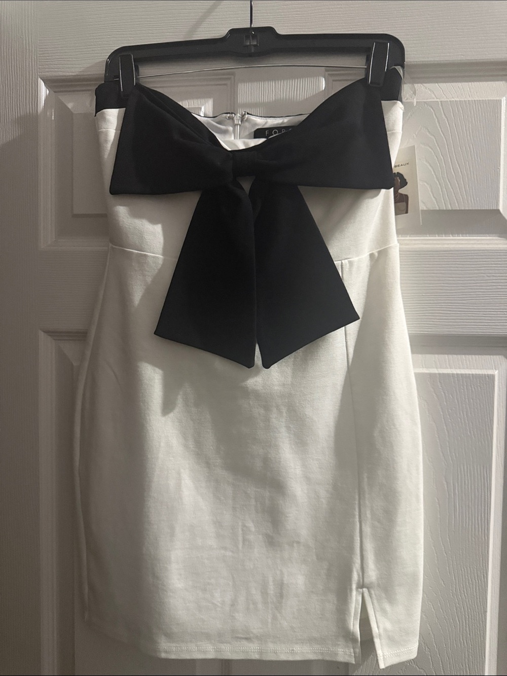 White Mini Dress with Black Bow Accent - Elegant Strapless Style